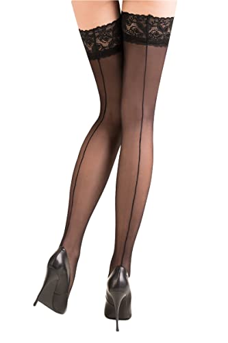 Selente Lovely Legs Séduisants Bas avec jarretières en dentelle dans Un Magnifique Coffret Cadeau, fabriqués dans l'UE - M-L - Coutures arrière noires autofixantes