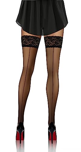 sesto senso Bas Autofixants pour Femmes avec Motif 20 DEN Bas en Dentelle - M-L - Noir - Couture