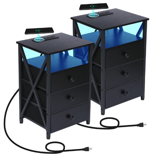 AMHANCIBLE LED Nightstands Set of 2, End Side Table with Wireless Charging Station, Bedside Table with USB Port & Power Outlet, Modern Night Stand with Fabric Storage Drawers for Bedroom Living Room - Set of 2 Black