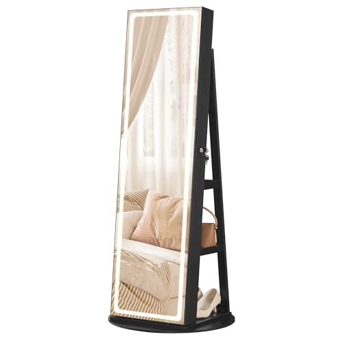 SONGMICS LED Mirror Jewelry Cabinet Standing, Lockable Jewelry Armoire with Full-Length Mirror and Adjustable LED Lights, Space-Saving Jewelry Organizer with Mirror, Gift Idea, Ink Black UJJC008B01 - Ink Black