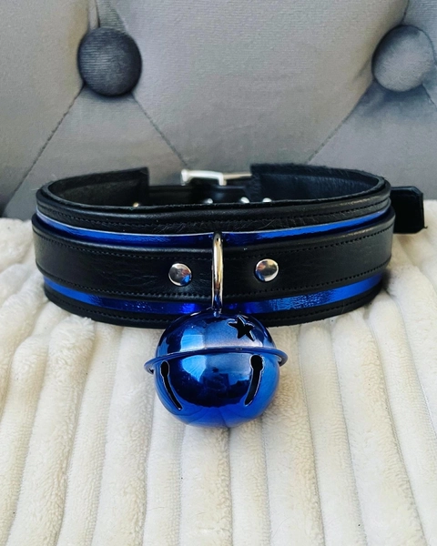 Cobalt Kitty leather collar with blue bell by LoquaciousLeatherCo