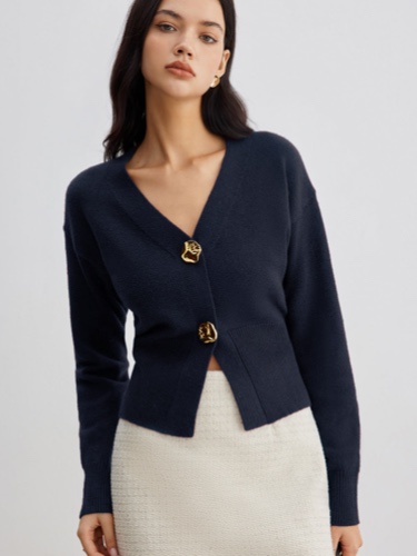 Elegant Metal Button Short Cardigan | Navy / M