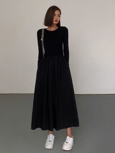 Leisure Pockets Long Sleeve Long Dress | Black / S