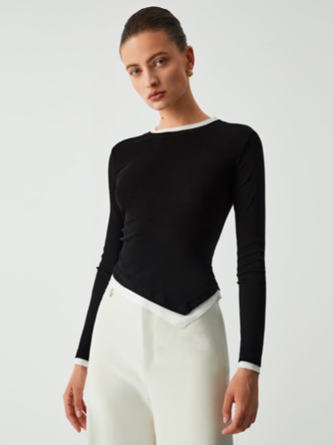 Asymmetric Hem Contrast Trim Long Sleeve Shirt | Black / M