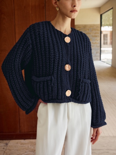 Plain Button Knit Cardigan | Navy / M