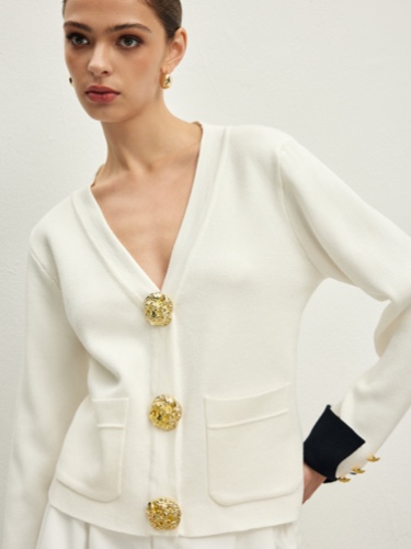 Contrast Trim Button Jersey Cardigan | White / M