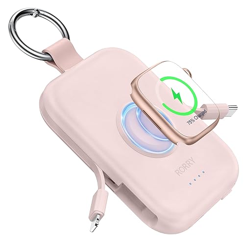 RORRY Portable Charger, 5000mAh Portable Charger Power Bank with Built-in Cables, Travel Keychain Battery Pack for Apple Watch Ultra 2/9/8/Ultra/7/6/SE/5, iPhone 16/15/14/13/12, Pink - Pink