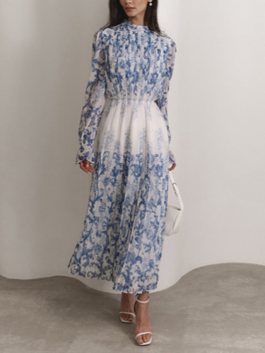 Plant Pattern Printed Pleated Long Dress | LightBlue / M