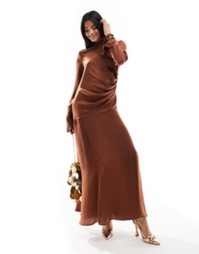ASOS DESIGN ruched side cowl neck maxi dress with asymmetric tier in chocolate | ASOS