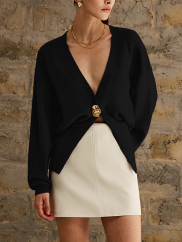 Golden Button Plain Cardigan | Black / M
