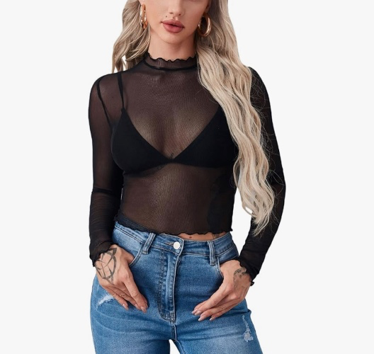 Floerns Women's Long Sleeve See Though Sheer Mesh Crop Tee Tops - Small Black