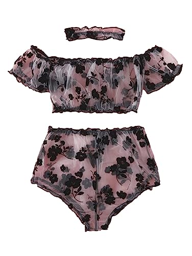 Lilosy Women Sexy Wireless Garter Bow Strappy Lace Sheer Lingerie Set Bra Panty Belt See Through 3 Piece - Medium - Black 3#
