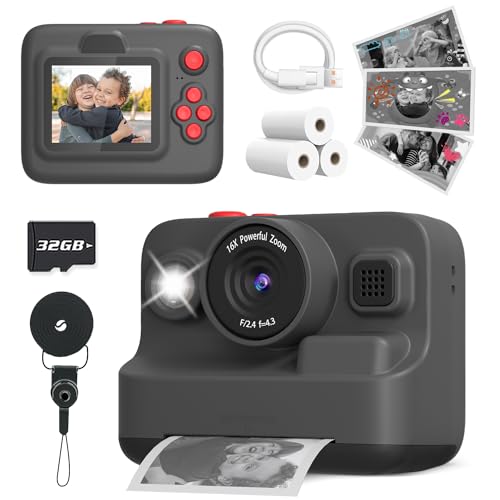 Yehtta Camera Instant Print Gift, 2.4in Screen 1080P Digital Camera Toy with 3 Rolls Print Paper 32G Card - Black