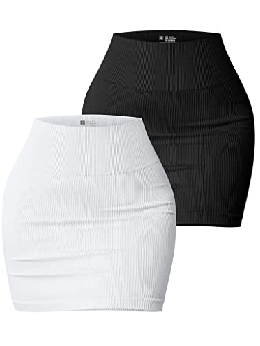 OQQ Women's 2 Piece Skirts Basic Versatile Stretchy Ribbed Casual High Waist Mini Skirt - Small - Black White1