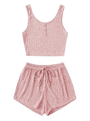 SOLY HUX Women's Button Front Ribbed Knit Tank Top and Shorts Pajama Set Sleepwear Lounge Sets - Small - Plain Light Pink