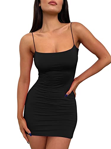 LILLUSORY Mini Dress Sexy Bodycon Dress 2024 Summer Short Backless Spaghetti Strap Tight Dresses Party Club Dress - Small - Black