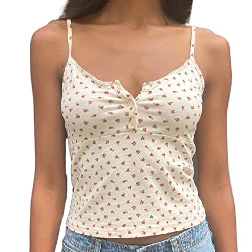 Women Y2k Floral Print Camisole Fairy Cute Lace Trim Spaghetti Strap Crop Top Vintage Summer Vest Tank Top Streetwear - Small - A Floral Button Camisole