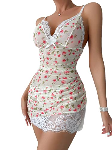 SOLY HUX Women's Floral Print Lace Trim Deep V Neck Babydoll Lingerie Chemise Nightgown with Thong 2 Piece - Small - Red Floral