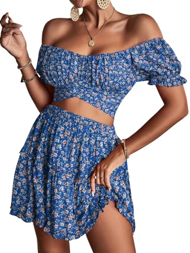 LYANER Women's 2 Piece Outfits Floral Off Shoulder Tie Up Crop Top and Mini Skirt Set - Small - Royal Blue Floral
