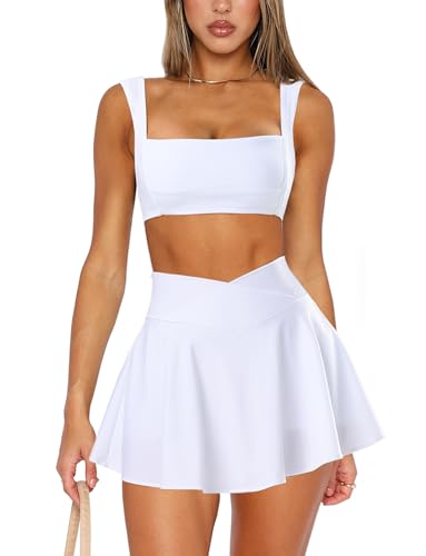 OZICERD Two Piece Tennis Skirt Sets for Women 2 Piece Mini Skirt Set Going out Golf Skort Athletic Skirt - #01b1- 2 Piece Skirt Set- White - Small