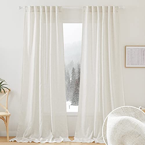 RYB HOME 108 inch Curtains - Flax Linen Blend Semi Sheer Light Glare Filtering Semi Sheer Drapes for Living Room Dining Doorway Farmhouse Office, Linen, Wide 52" by Long 108", 2 Panels - W 52 x L 108 - Linen