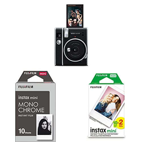 Fujifilm Instax Mini 40 Instant Camera + Fujifilm Instax Mini Instant Film Twin Pack (White) + FUJIFILM Instax Mini Monochrome Film - Camera Only + Film + Film Twin Pack