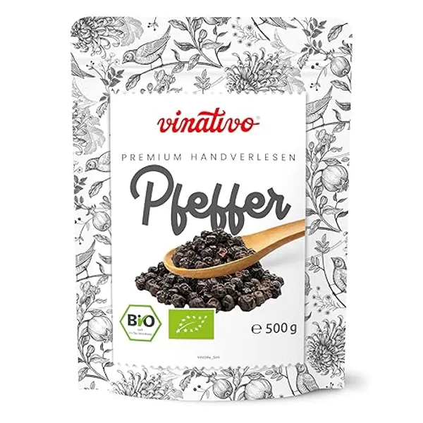 vinativo Schwarzer Pfeffer BIO – ganz – 500g – Bio-Qualität – schwarze Pfefferkörner für die Mühle geeignet - 500 Gramm