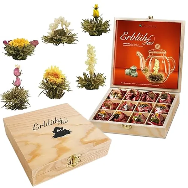 Creano Teeblumen Geschenkset in Teekiste aus Holz, 12 Erblühtee in 6 Sorten Weißtee, Geschenk für Frauen, Mutter, Teeliebhaber - 12 Stück (1er Pack)