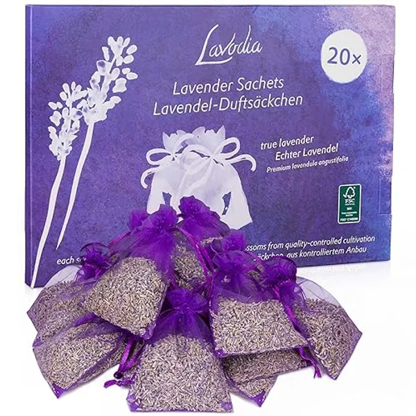LAVODIA Lavendel Duftsäckchen Gegen Kleidermotten, 6 g - 20 Beutel mit Getrocknetem Lavendelblüten, Duft für Kleiderschrank, Auto, Raum - Frischer Lavendelduft für Textilerfrischung - 9 x 6,5 cm