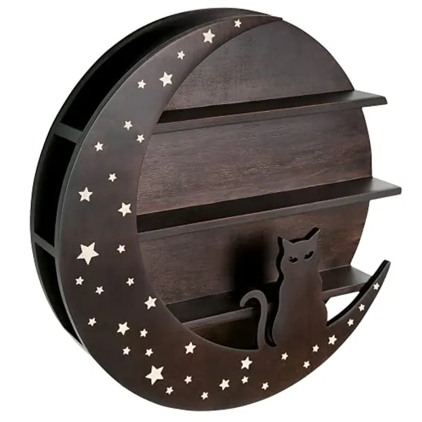 HOP SKIP Cat Moon Shelf for Crystals - Essential Oils & Crystal Display Shelf - 15.75” x 2.76” - Floating Crystal Shelf Display for Cat Lovers – Moon Cat Shelf - Wiccan Décor