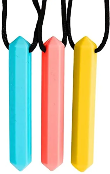 Tilcare Chew Chew Pencil Sensory Necklace 3 Set - Best for Kids or Adults That Like Biting or Have Autism – Perfectly Textured Silicone Chewy Toys - Chewing Pendant for Boys & Girls - Chew Necklaces