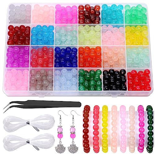 720pcs 8mm Glass Beads for Jewelry Making, 24 Colors Glass Beads for Bracelet Making, Beaded Bracelets Kit for Bracelet Earring Necklace Jewelry Making Supplies - 24 Translucent Colors