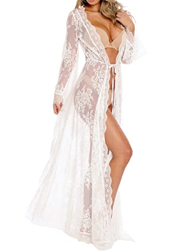 BUTTZO Women Sexy Long Lace Dress Sheer Gown See Through Lingerie Kimono Robe Swimsuit Cover Up - White - One Size