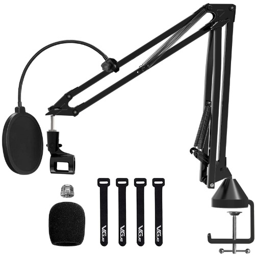 Microphone Arm Stand, VeGue Adjustable Suspension Scissor Mic Boom Arm with 3/8" to 5/8" Adapter, Pop Filter, Mic Clip, Heavy Duty Desk Clamp for Blue Yeti Nano Snowball Ice and Other Mics (VA20) - VA20