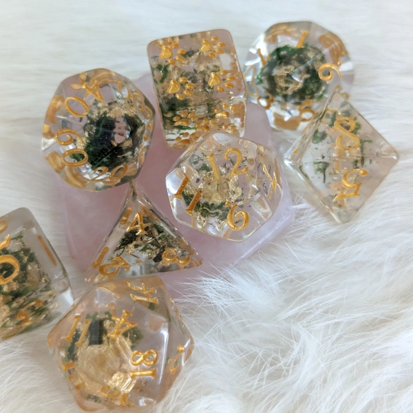 Moss and Gold DnD Dice Set: Real Dried Plants, Gold Font