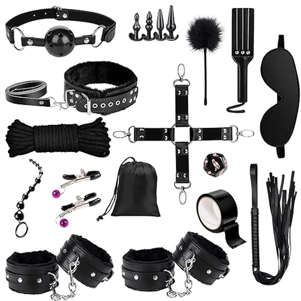23PCS Sex BDSM Bondage Restraints Kit, Upgrade Leather Sex Toys Sets, Sex Accessories for Adults Couples with Storage Bag, Body-Safe Sexual Pleasure Tools for Women and Men