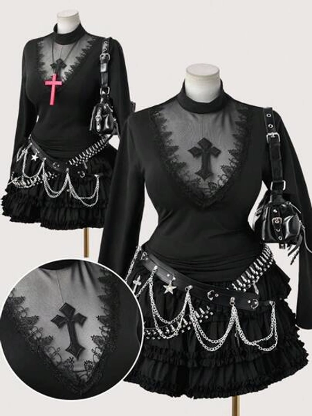 Sunspun Plus Size Women's Stand Collar Mesh Patchwork V-Neck Ruffle Long Sleeve Embroidered Elegant Vintage Casual Punk T-Shirt, Suitable For Halloween Goth Women Clothes Witchy Clothes Black Dress Fall Cloth For Women