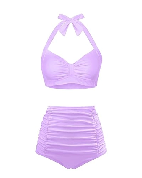 Holipick Women Two Piece Swimsuit High Waisted Bikini Sets Tummy Control Bathing Suit Vintage Halter Swimwear
