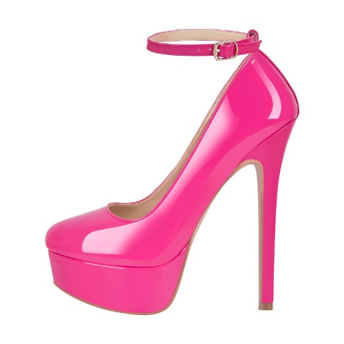 Round Toe Ankle Strap Platform Stiletto Pumps | Rose Red / US12