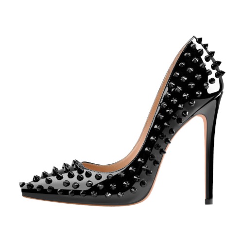 Pointed Toe Rivets Pumps Black Patent Leather Studded High Heels Pumps | Black / US12