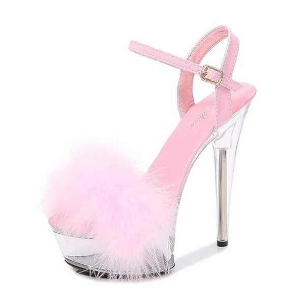 Ankle Strap Clear Platform Furry Sandals Heels Stiletto