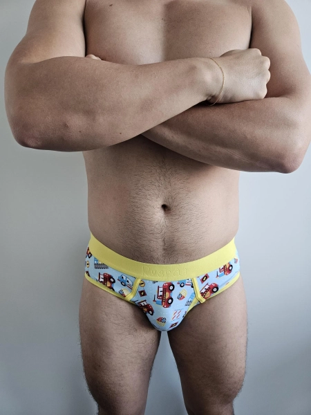 ABDL Underwear Men's Brief | Cute Cartoon "Emergency!" Pattern | Adult Baby / Toddler Style | Yellow Waistband | Comfy Age Regression