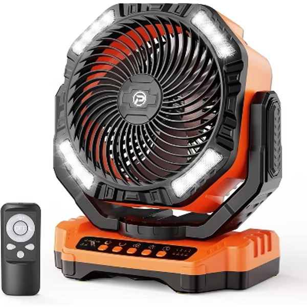 PANERGY 40000mAh Battery Operated Camping Fan, Rechargeable High Velocity Floor Fan, Auto Oscillation Remote Control Timer - Cordless for Car - Orange