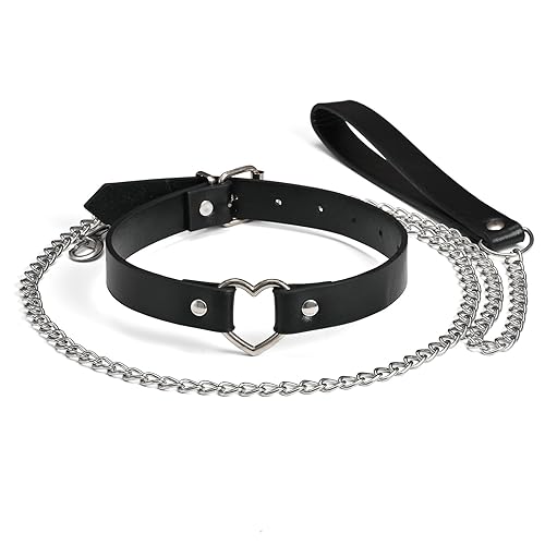Leather Heart Choker Collars Detachable Alloy Leash Chain Set Durable Leather Collar with Quick Release Buckle - Black