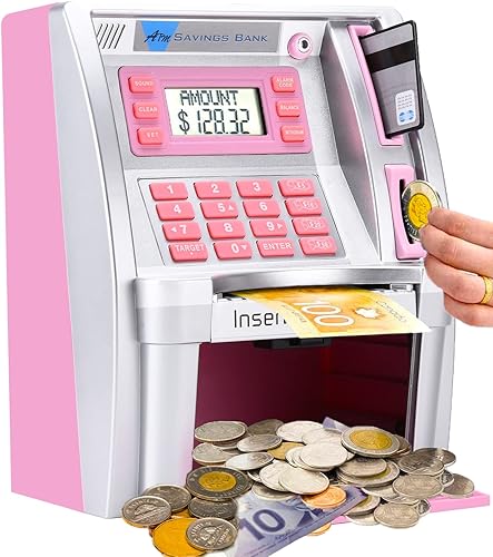 Canadian Dollars ATM Piggy Bank for Kids with Coins Identification, Electronic Digital Coin Savings Money Bank Machine Box with Code Password - Silver/Pink
