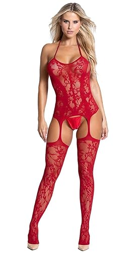 RSLOVE Women Fishnet Bodystocking Attached Stockings Sexy Lingerie Crotchless Bodysuit One Piece Babydoll One Size - One Size - Red