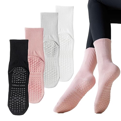 Yoga Pilates Non Slip Socks with Grips for Women (4 Pairs) Non Skid Gripper Crew Socks for Yoga Hospital Pilates Barre Home - 5 - Cotton