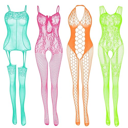 Women's Lace Stockings Lingerie Floral Fishnet Bodysuits Lingerie Nightwear for Romantic Date Wearing - 4 Pcs: Fluorescent-color
