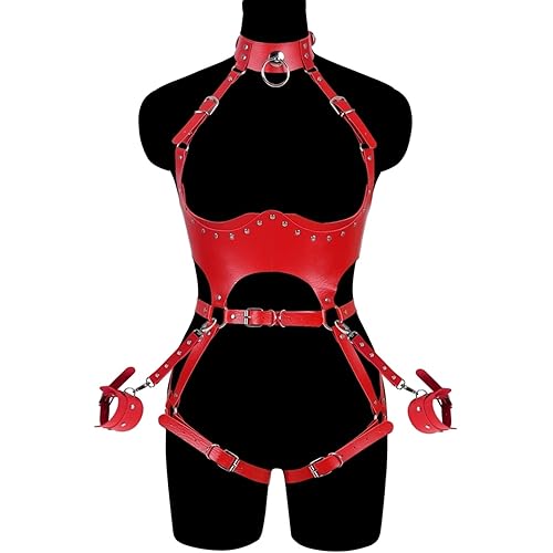 FOTN Women Punk PU Leather Body Waist Belt Bodysuit Bondage Body Harness Belt Sexy Lingerie Leg Garter BT1 - Red