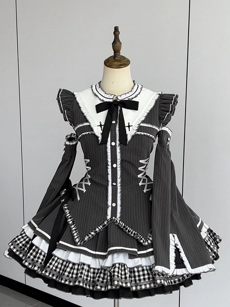 [$82.00]Dark Gray Flutter Sleeves Gothic Lolita Striped Dress with Bunny Ears at Back Collar